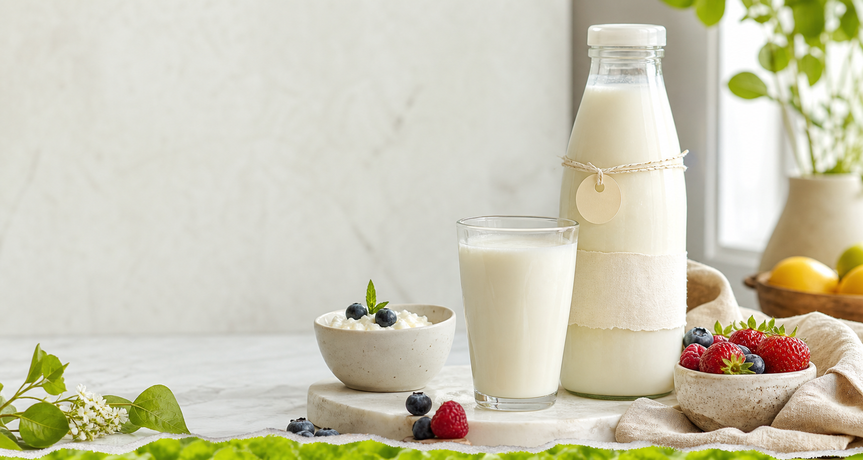 Botella y vaso de k&eacute;fir artesanal con frutas frescas